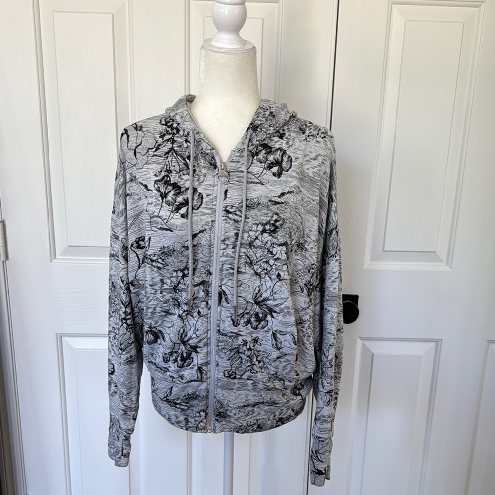 Athleta Gray Black Floral Zip-Up Hoodie Athleisure Jacket.